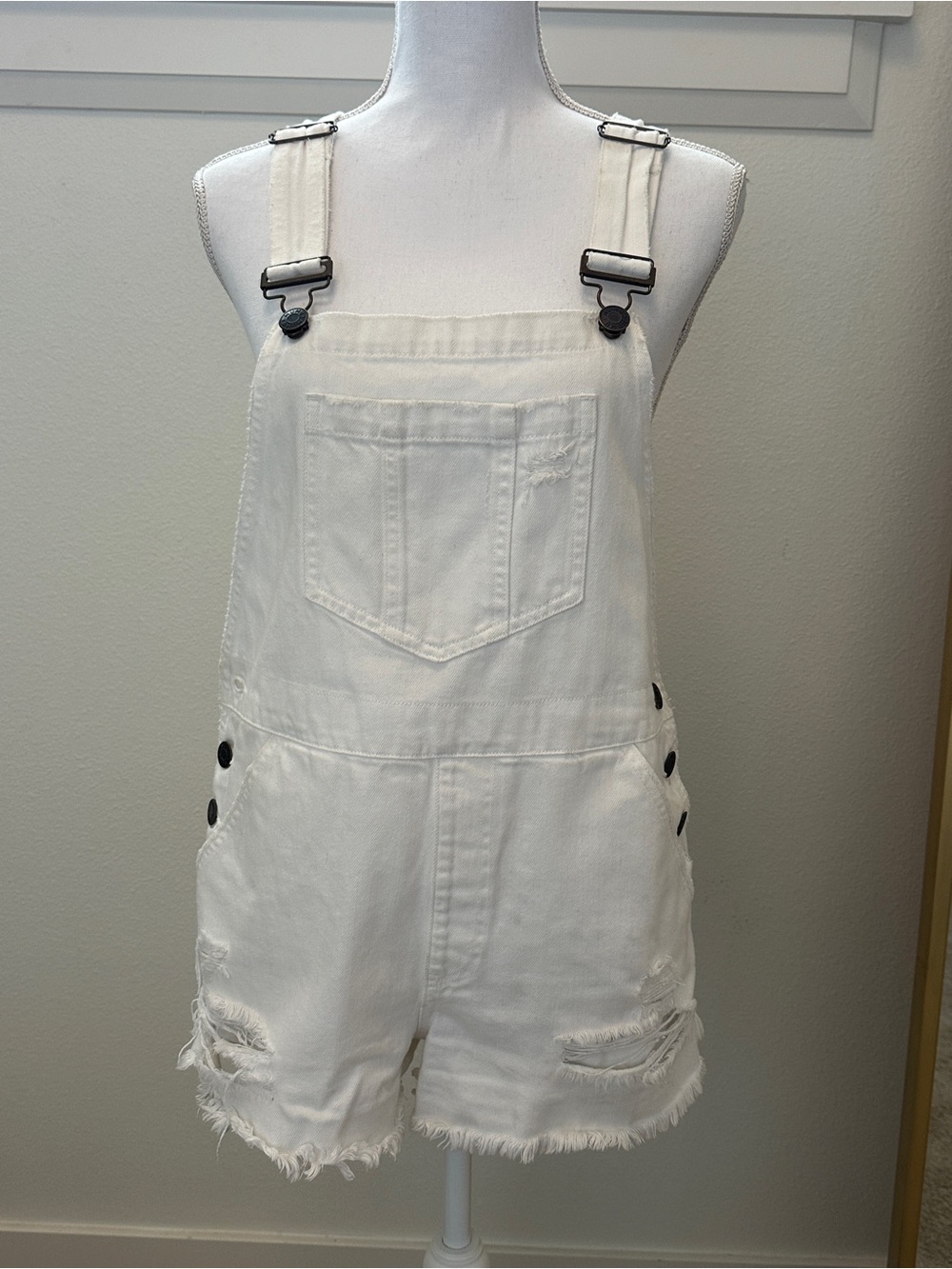 Show Me Your MuMu White Distressed Denim Short Overalls